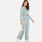 Shein V Cut Neck Contrast Tape Side Top And Lace-up Pants Set