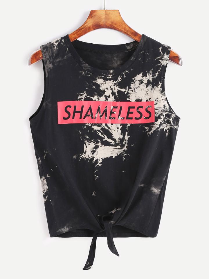 Shein Tie Dye Letter Print Knot Front Tank Top
