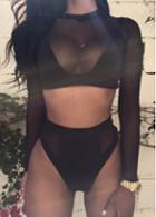 Rosewe Long Sleeve Mesh Panel Black High Waist Swimwear