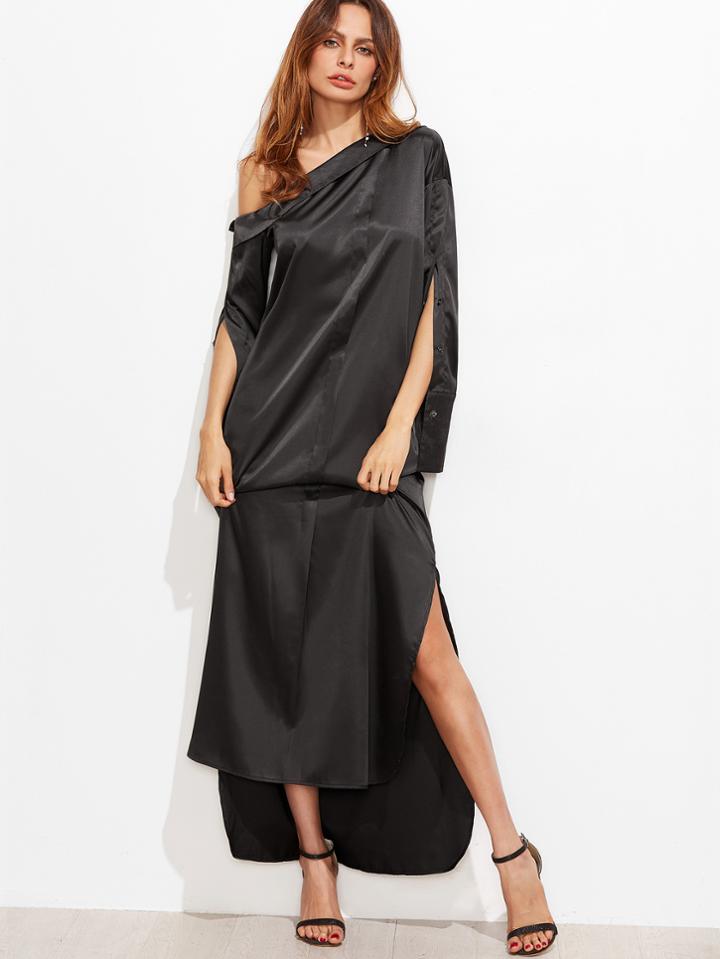 Shein Black One Shoulder Slit Side High Low Dress