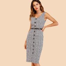 Shein Single Breasted Belted Plaid Dress