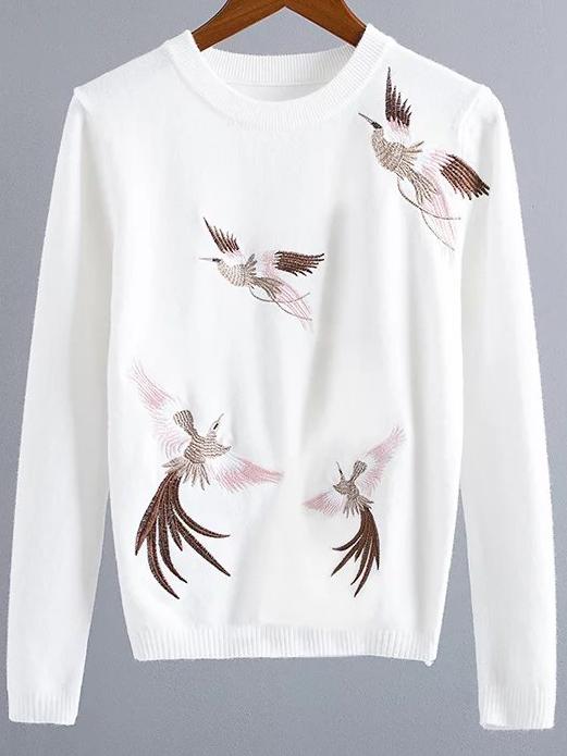 Shein White Crane Embroidery Ribbed Trim Sweater