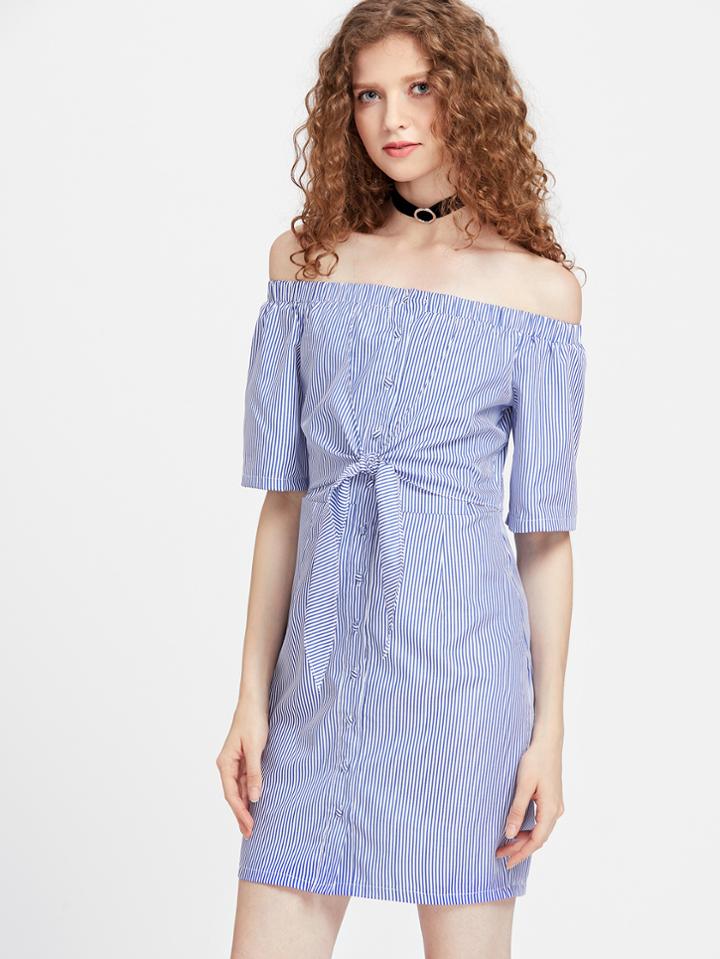 Shein Bardot Pinstripe Knot Front Button Dress