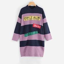 Shein Lettering Patch Detail Striped Longline Sweater