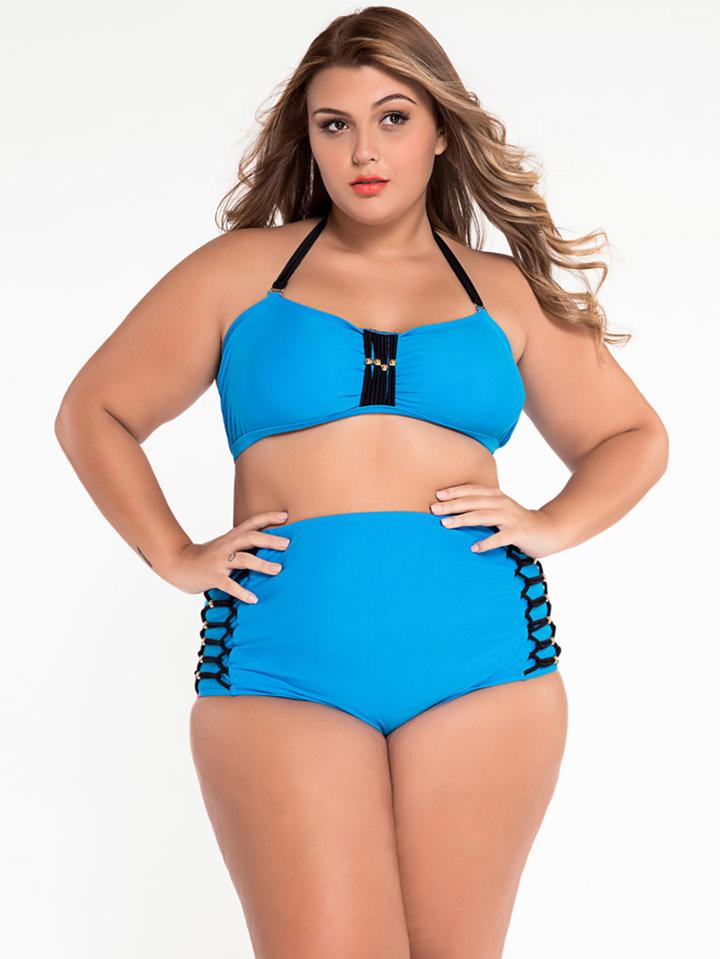 Shein Plus Size Beaded Macrame Embellished Bikini Set - Blue