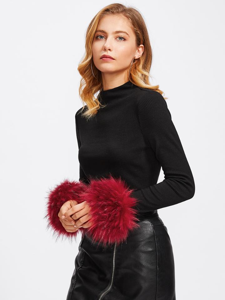 Shein Contrast Faux Fur Cuff Ribbed Tee