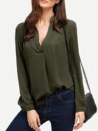 Shein Army Green V Neck Curved Hem Blouse