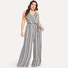 Shein Plus Surplice Neck Tie Waist Wide Leg Striped Jumpsuit