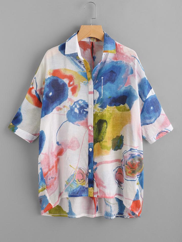 Shein Watercolor Painting Print Drop Shoulder Shirt