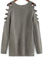 Shein Grey Round Neck Hollow Long Sleeve Loose Sweater
