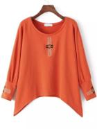 Shein Orange Round Neck Tribal Embroidered Loose Sweatshirt