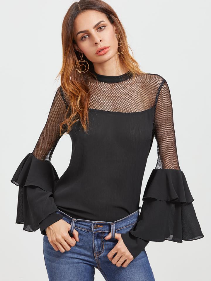 Shein Fishnet Shoulder Layered Bell Sleeve Top