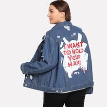 Shein Plus Ripped Letter Print Denim Jacket