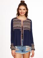 Shein Embroidered Yoke And Cuff Coin Fringe Trim Blouse
