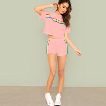 Shein Rainbow Striped Crop Top & Shorts Set