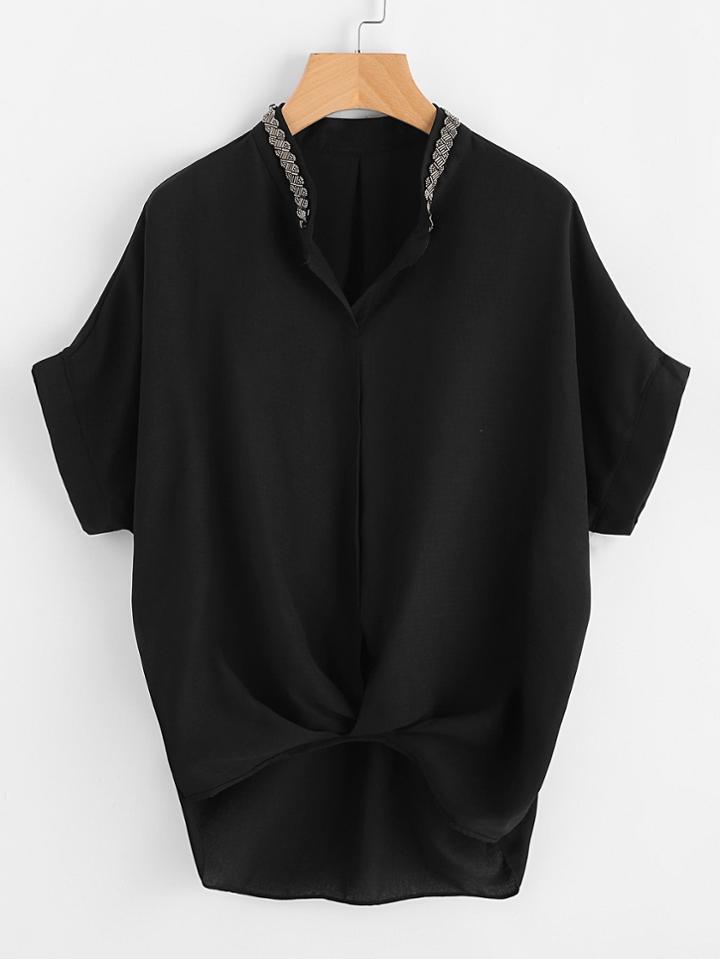 Shein Dip Hem Beading Chiffon Blouse