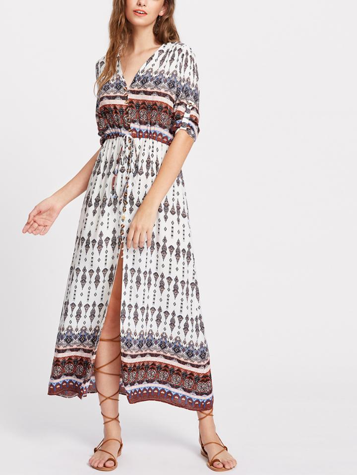 Shein Aztec Print V-neckline Drawstring Waist Dress