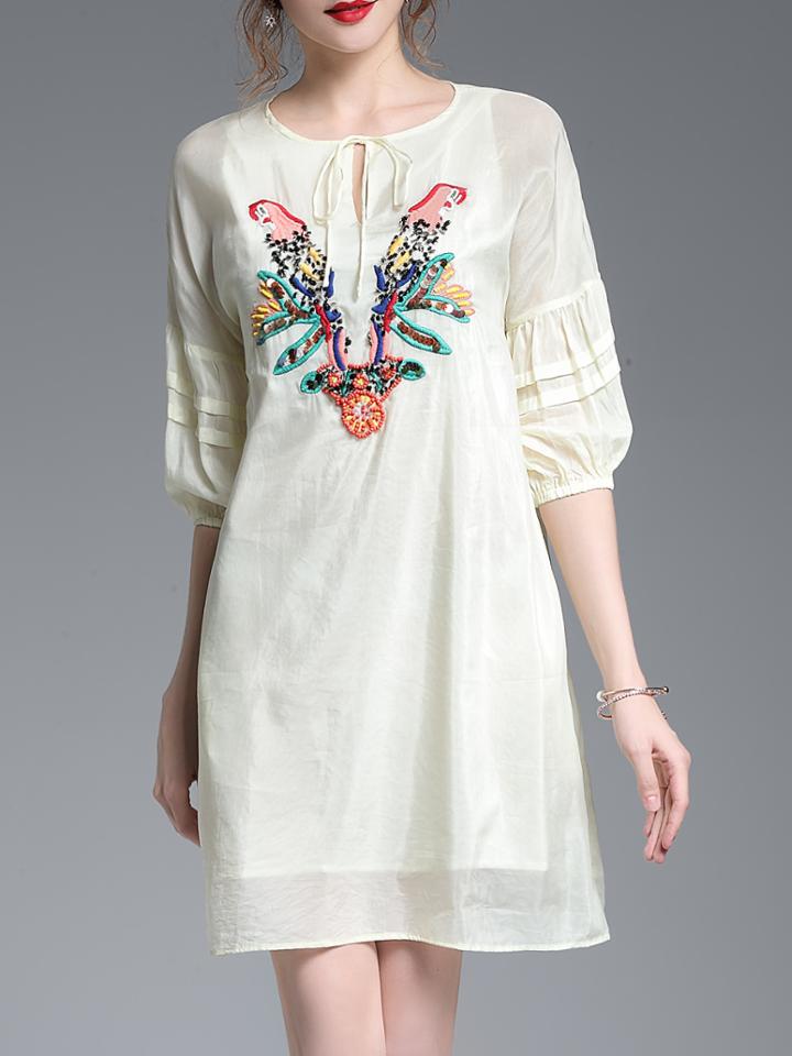 Shein Tie Neck Hollow Birds Embroidered Dress