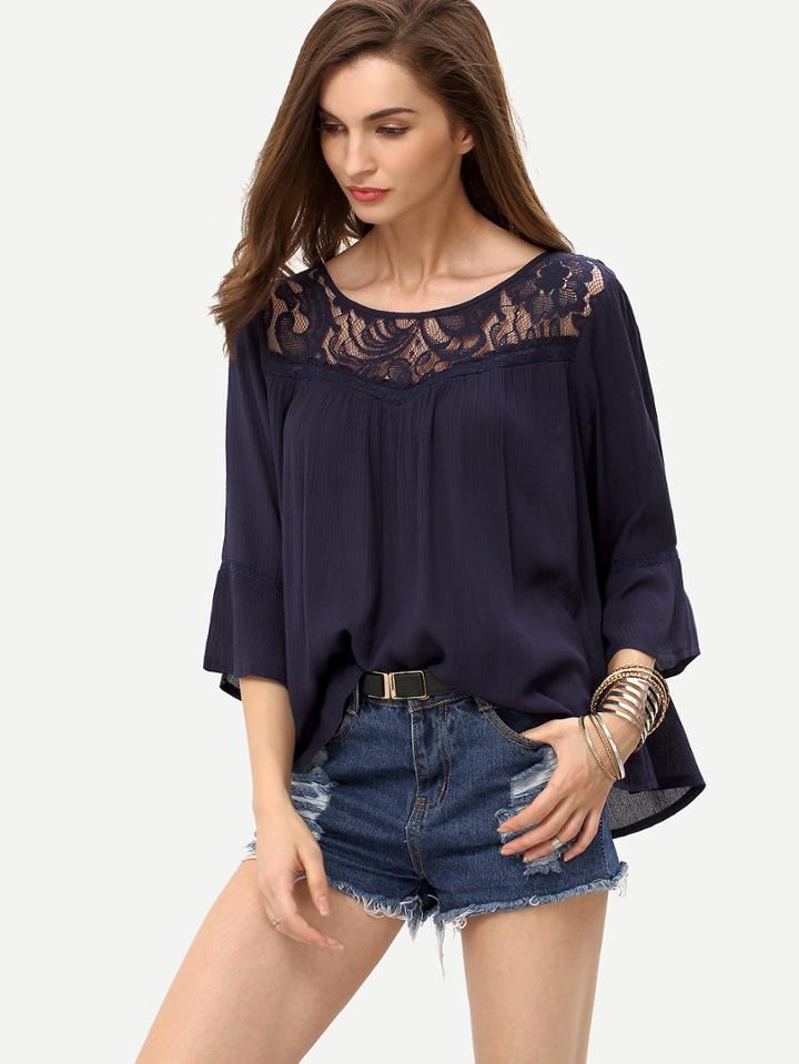Shein Lace Insert Keyhole Back Blouse - Navy