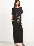 Shein Black Graphic Print Maxi Tee Dress With Side Pocket