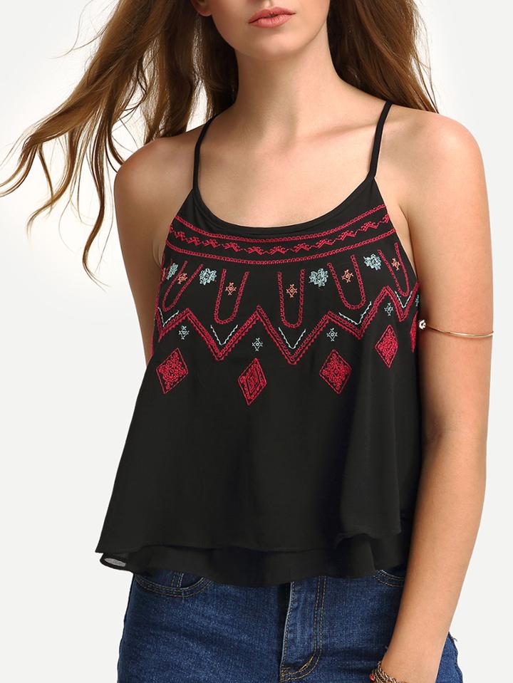 Shein Embroidery Layered Crisscross Chiffon Cami Top