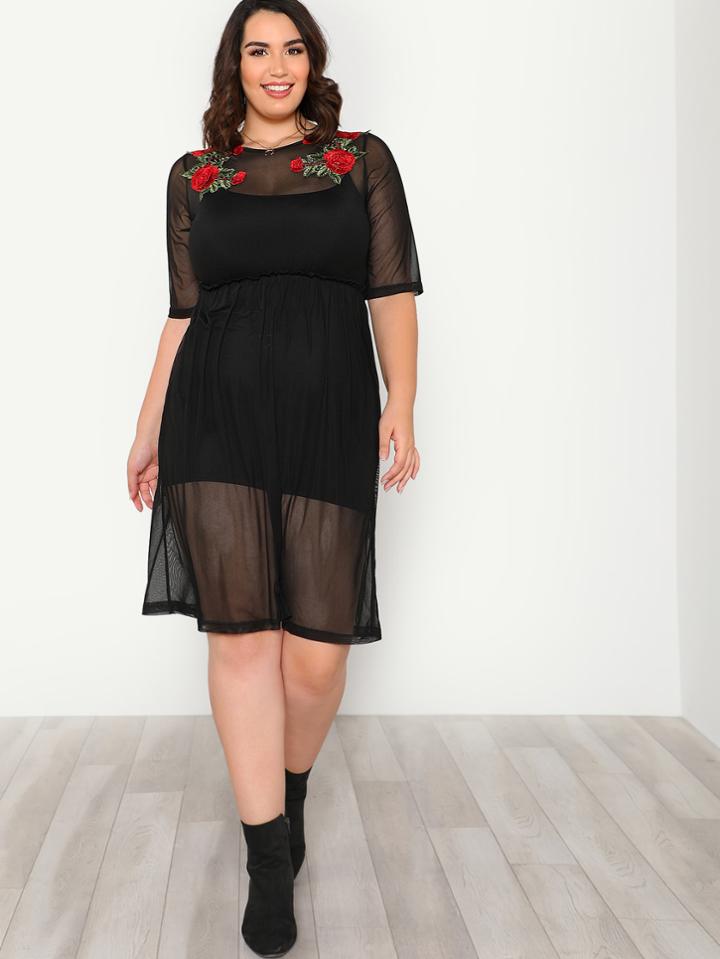 Shein Flower Applique Elastic Waist Mesh Dress
