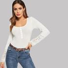 Shein Ribbed Knit Button Lace Cuff T-shirt