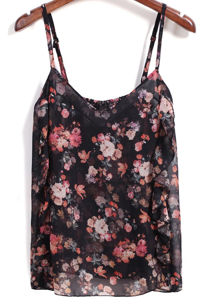 Shein Black Spaghetti Strap Floral Chiffon Cami Top