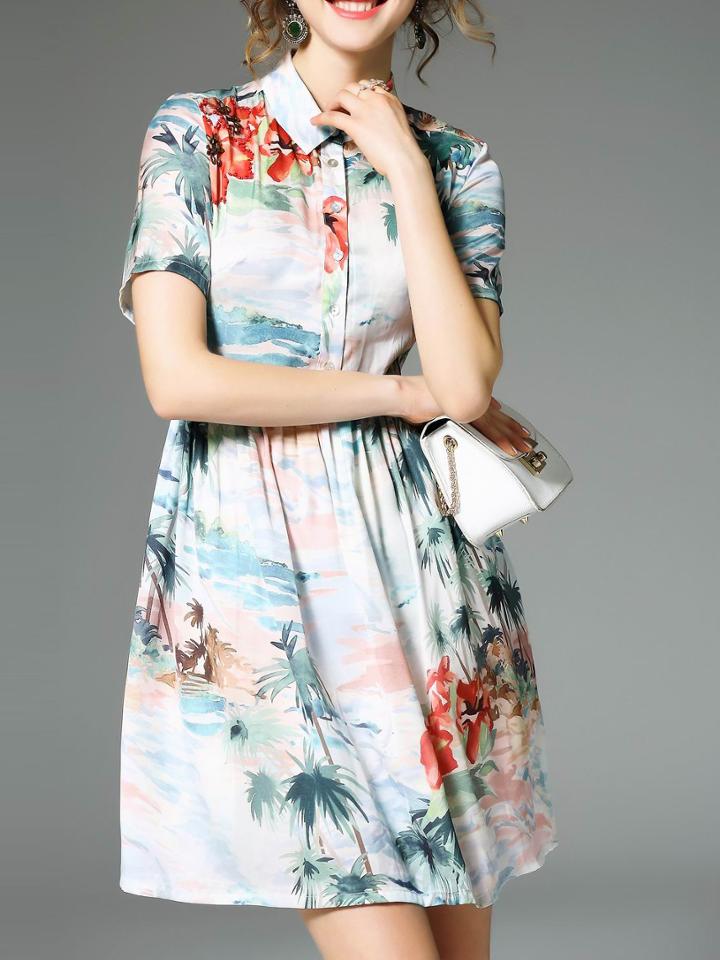 Shein Multicolor Lapel Ink Print A-line Dress