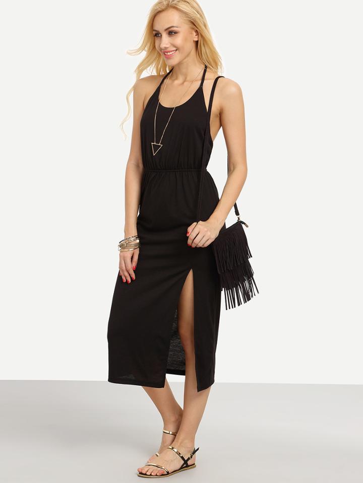 Shein Black Halter Backless Split Dress