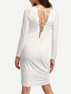 Shein Lace-up Back Shirred Long Sleeve Dress - White