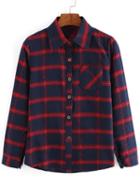 Shein Red Navy Lapel Plaid Pocket Blouse