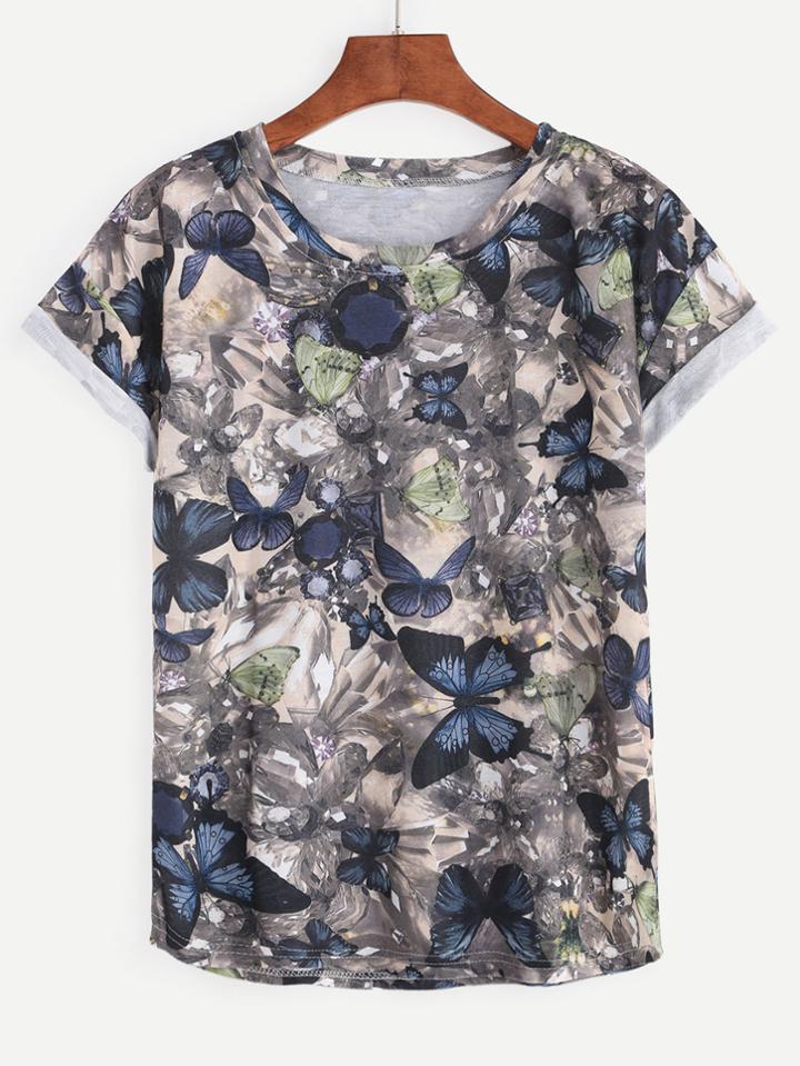 Shein Butterfly Print Cuffed Sleeve T-shirt