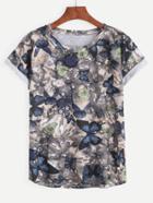 Shein Butterfly Print Cuffed Sleeve T-shirt