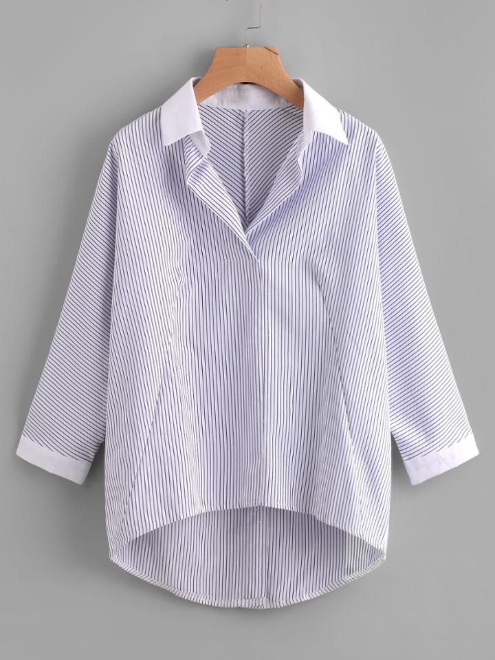 Shein Button Back Pinstripe Dip Hem Blouse