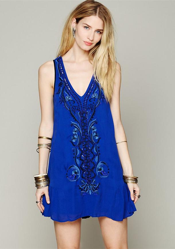 Shein Blue V Neck Sleeveless Embroidered Bead Dress