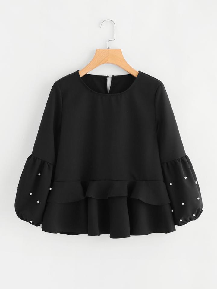 Shein Pearl Beading Pep Hem Blouse