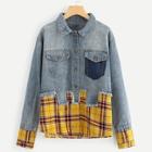 Shein Single Breasted Plaid Panel Denim Jacket