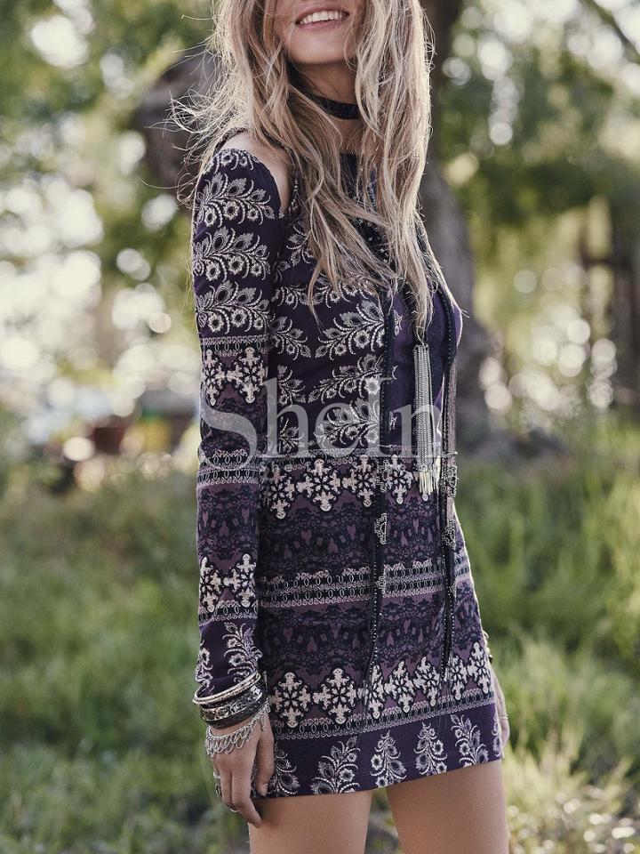 Shein Purple Long Sleeve Backless Vintage Print Dress