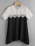 Shein Contrast Lace Button Keyhole Back Tee