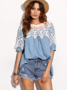 Shein Blue Contrast Lace Applique Top