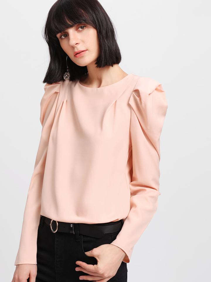 Shein Puff Sleeve Pleated Zip Up Back Blouse