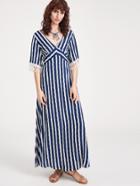 Shein Navy Striped Double V Neck Fringe Detail Dress