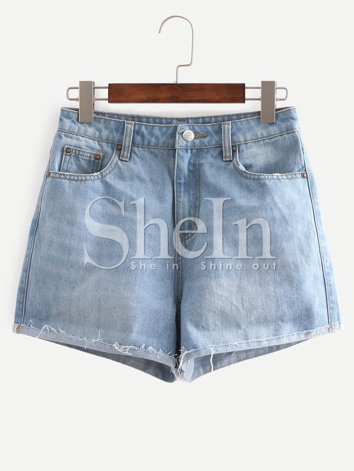 Shein Blue Turn Up Mid Waist Pockets Denim Shorts