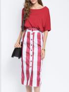 Shein Red White Batwing Sleeve Top With Striped Skirt