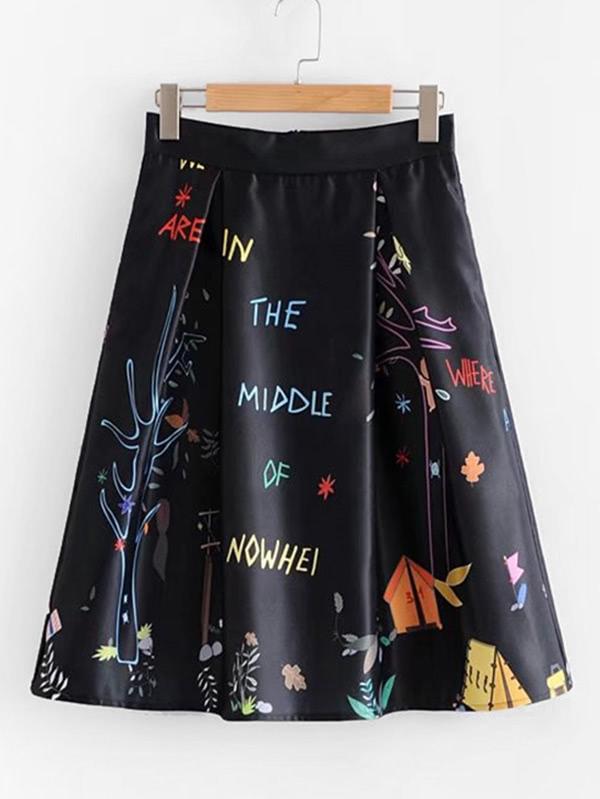 Shein Cartoon Print Pleated Skirt