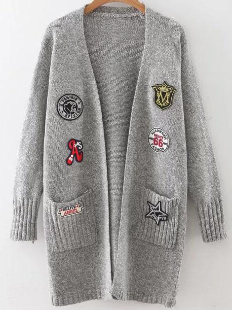Shein Grey Marled Knit Patch Long Cardigan With Pockets