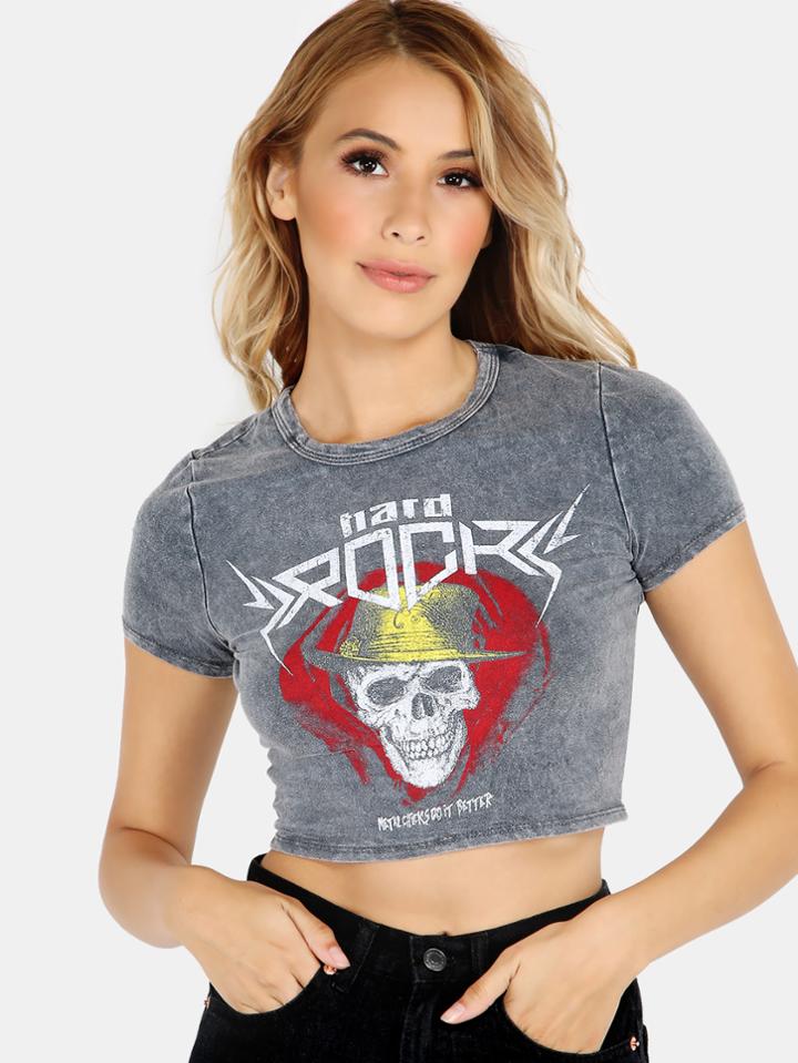 Shein Hard Rock Graphic Crop Top Tee Charcoal