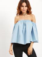 Shein Blue Shirred Off The Shoulder Ruffle Blouse