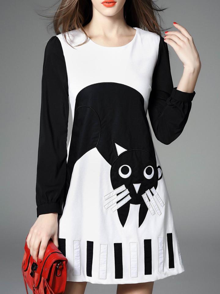 Shein White Cat Applique Pouf Shift Dress